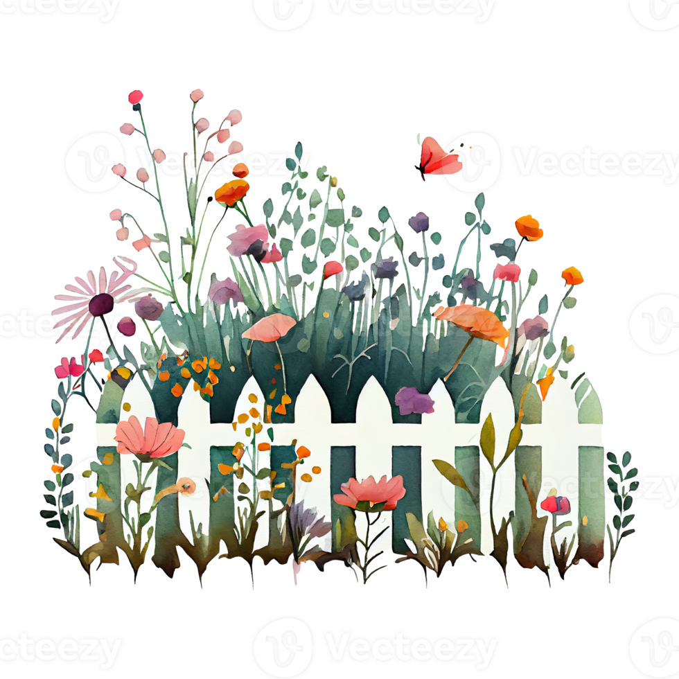 Watercolor whimsical drawing of a flower garden with cute details, isolated. AI Generative