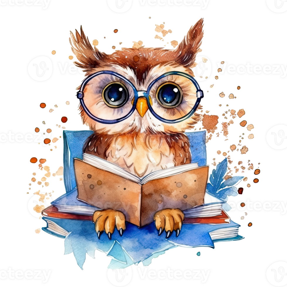 Watercolor cute owl with glasses reading book, isolated. AI Generative png