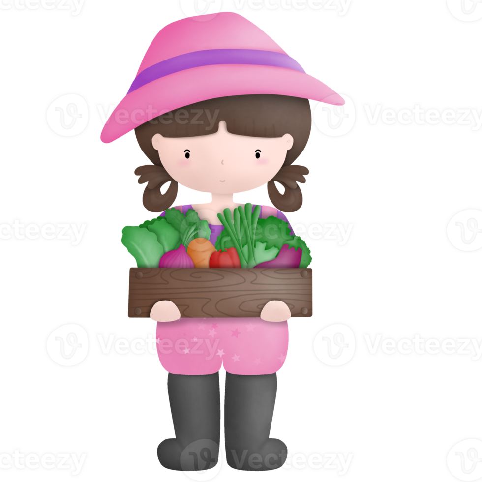 Cartoon painting farmer girl wearing cute pink dress png