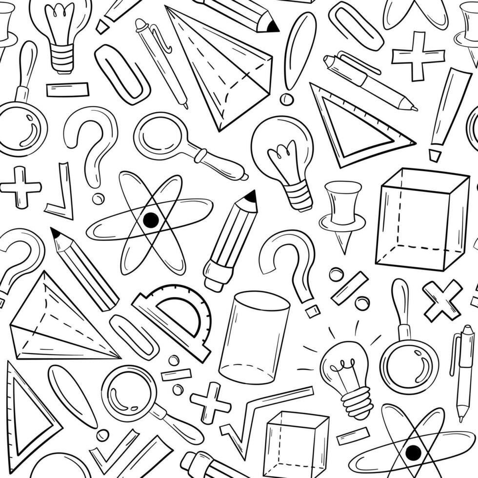 Doodle black and white pattern. The print is made of sloppy elements on the theme of education, work and science. vector