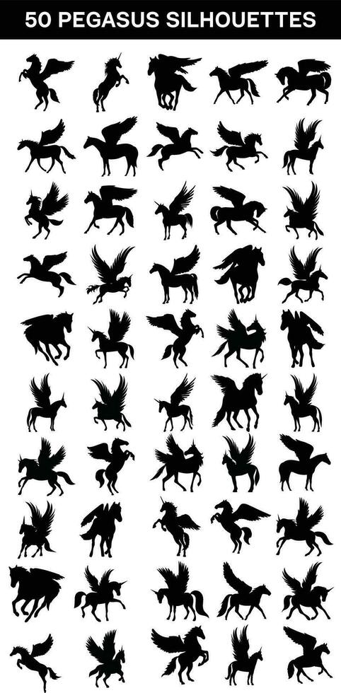 Collection of Pegasus silhouettes isolated on white background vector