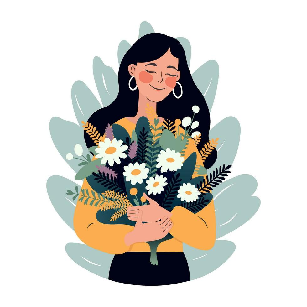 Flat style postcard. Nice young woman with a beautiful bouquet of fresh flowers. vector