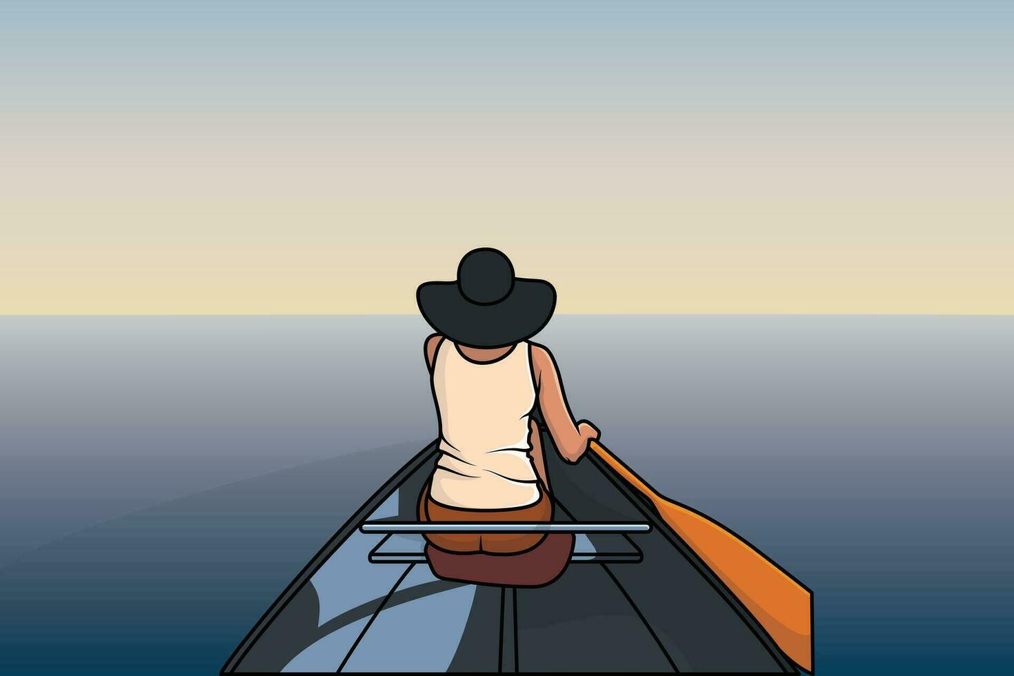 Guy sitting on wooden boat in sea vector illustration. People traveling icon concept. Beautiful views of the sea among the guy design.