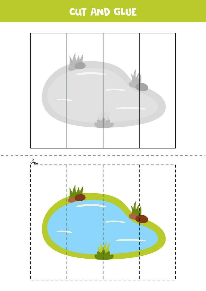 Cut and glue game for kids. Cute cartoon water pond. vector