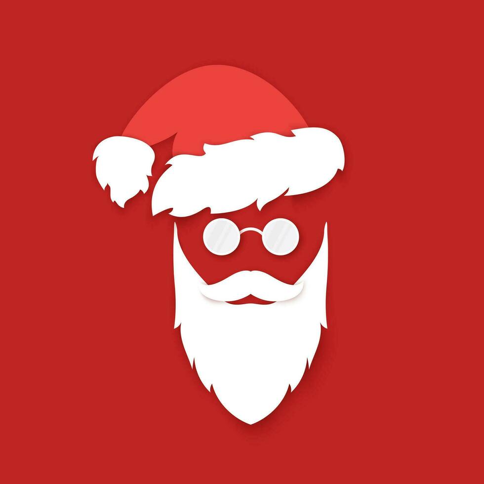 Santa Claus face silhouette on red background. White beard with mustache and hat with eyeglasses. Symbol holiday New Year and Christmas. Vector illustration