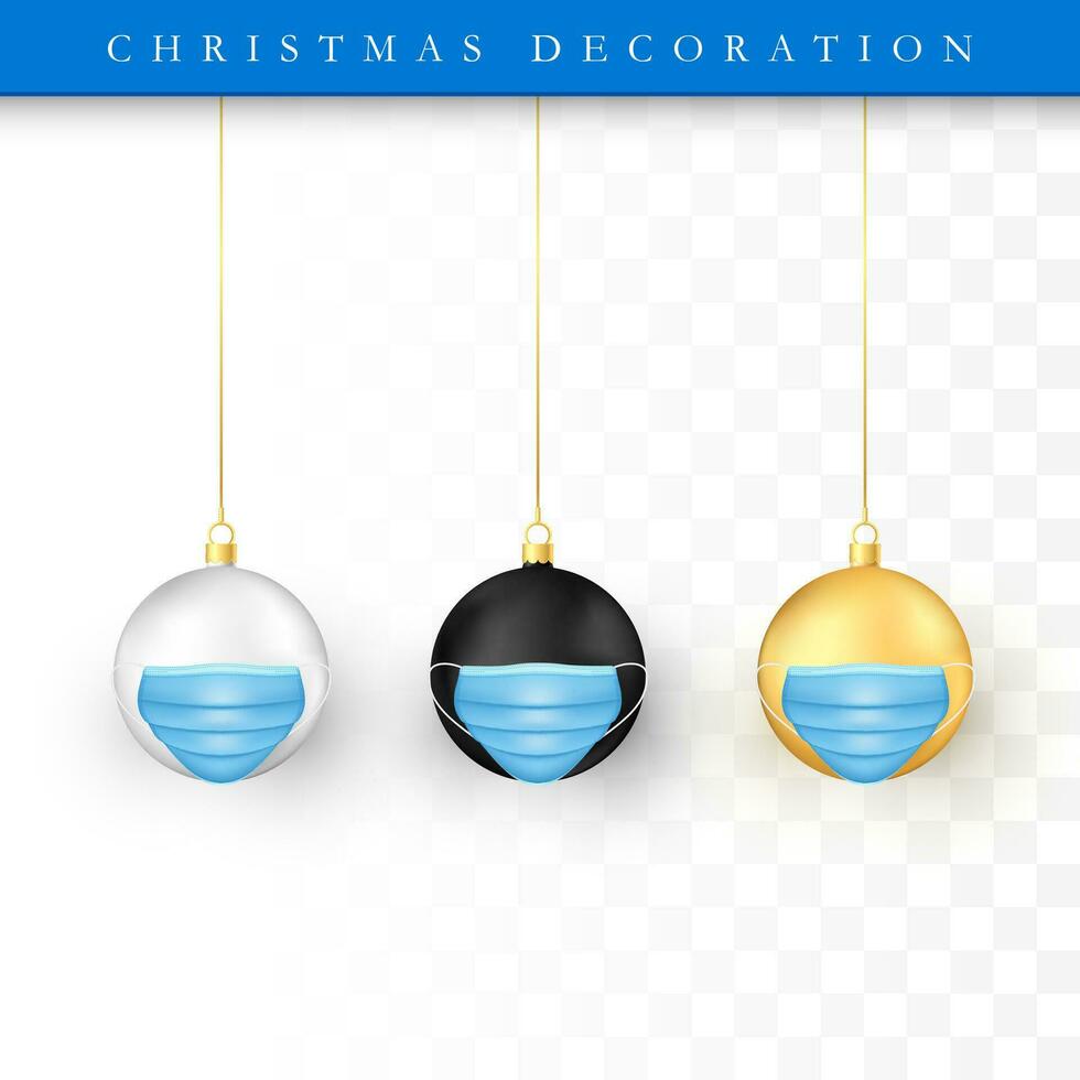 Set of Christmas balls with face mask. Holiday decoration element. White gold and black bubbles. Vector