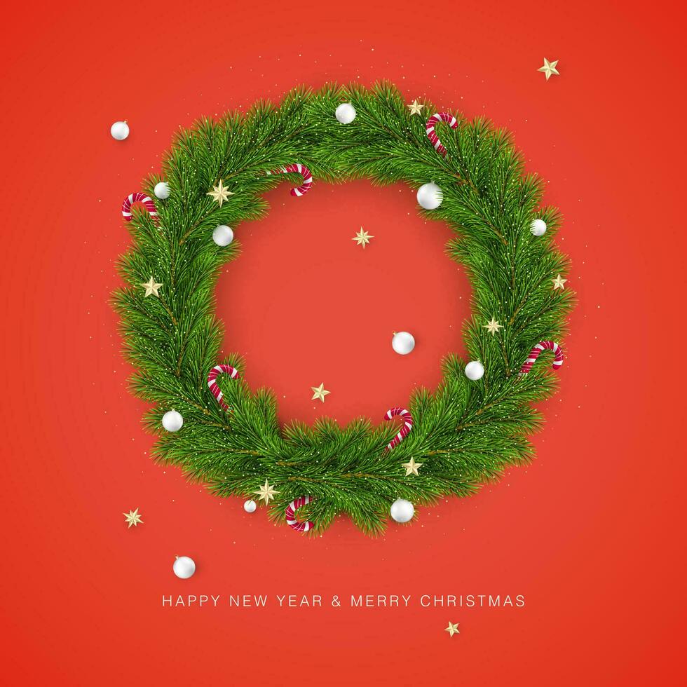 Merry Christmas and Happy New Year. Christmas Tree Wreath Decorated with Christmas balls and Candy Canes. Holiday Decoration Element on Red Background. Vector