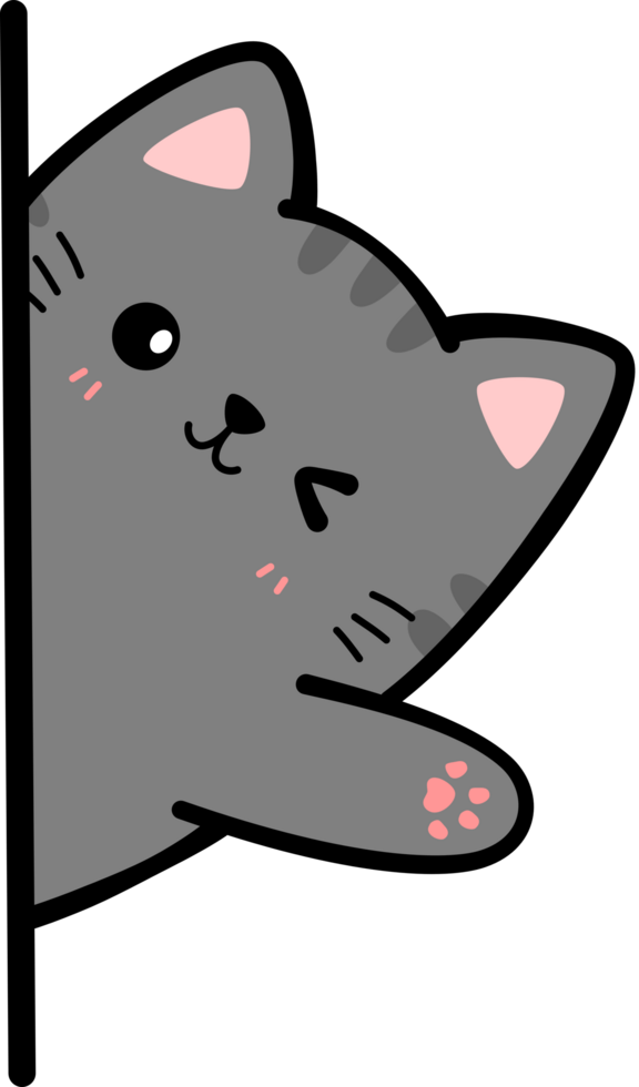 Black tabby cat sneak behind wall waving hand flat cartoon doodle element png