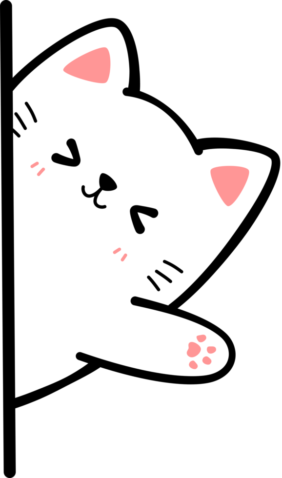 white cat sneak behind wall waving hand flat cartoon doodle element png