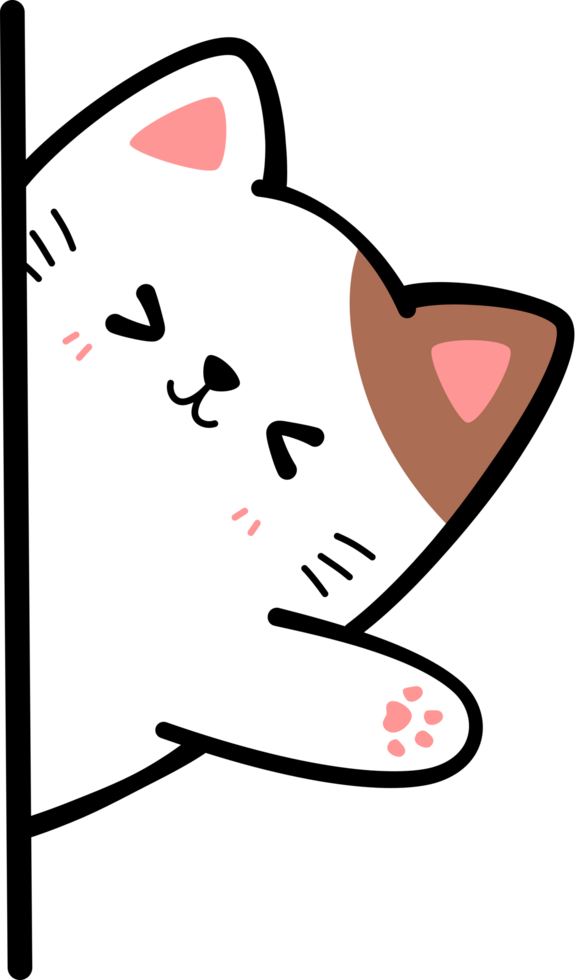 Brown cat sneak behind wall waving hand flat cartoon doodle element png