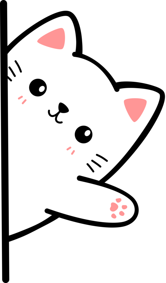 White cat sneak behind wall waving hand flat cartoon doodle element png