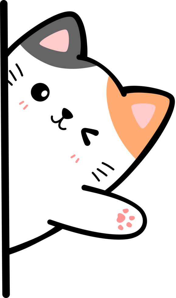 Black and orange cat sneak behind wall waving hand flat cartoon doodle element png