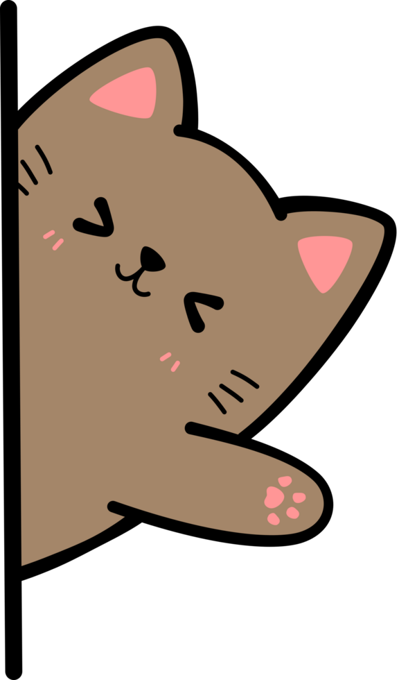 Brown cat sneak behind wall waving hand flat cartoon doodle element png