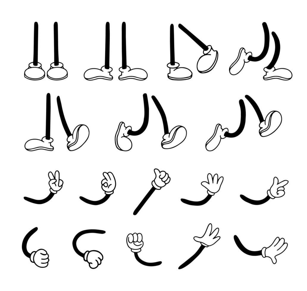 Cartoon hands in gloves and feet in retro shoes. Vintage funny movements and positions for animation body character parts. A vector set of hand gestures in comics and foot poses when walking.