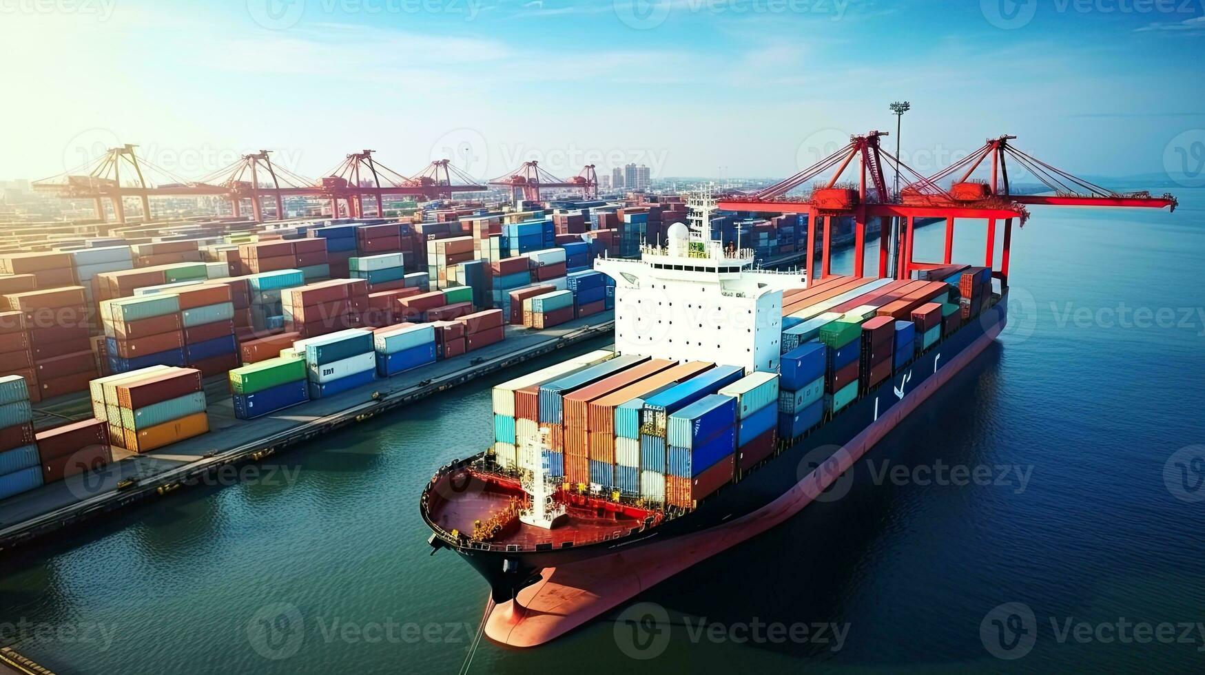 Container Cargo freight ship with working crane bridge at sunset for Logistic Import Export background. Generative AI photo