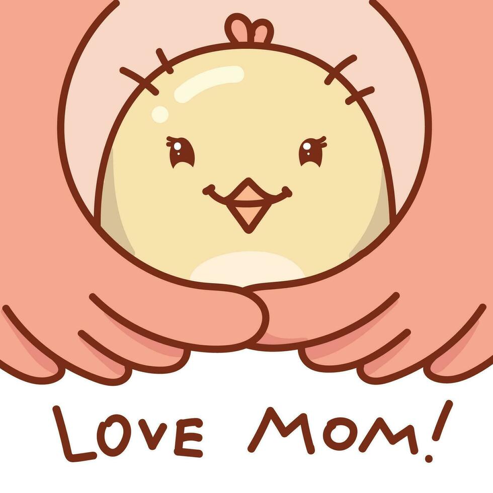 Cartoon greeting card for Happy Mother's Day. Little chick in the mother bird wings illustration. Love mom text vector