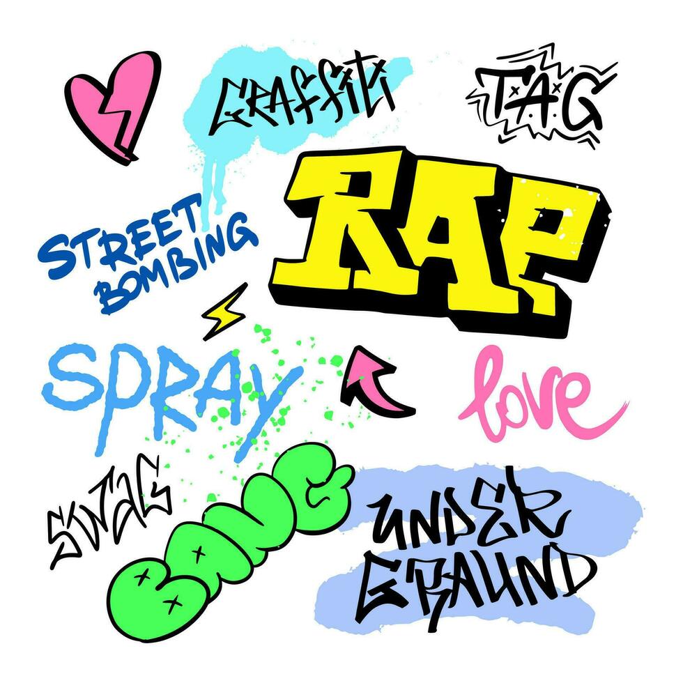 calle rap pintada letras elementos en el grunge estilo con etiquetas, gotea y manchas urbano salvaje rociar pintar Arte. conjunto creativo vector diseño Adolescente pintada dibujos animados para tee t camisa o camisa de entrenamiento.