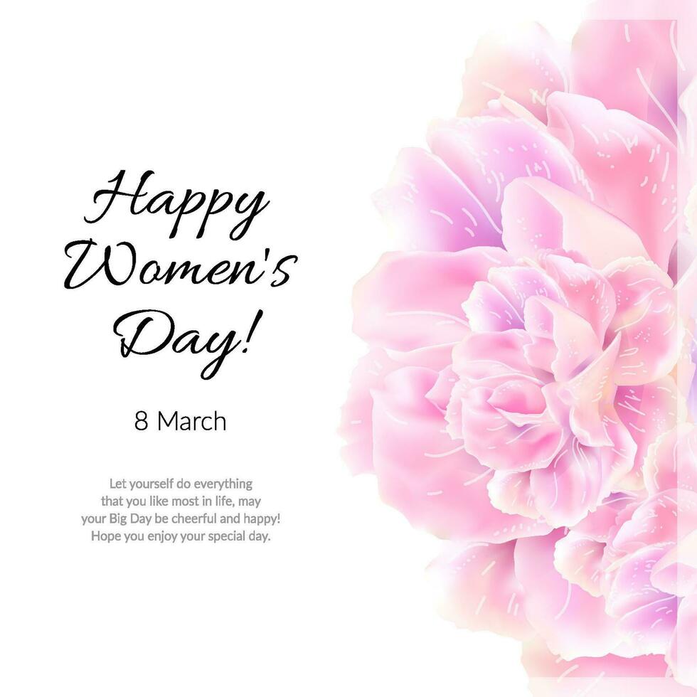 Modern floral vector greeting card with pink blossoms for 8 March. Banner for the International Women's Day. Vector illustration