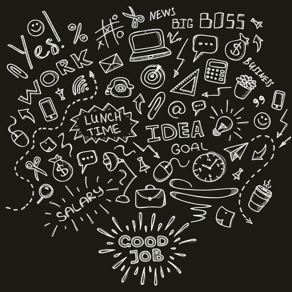 Hand drawn business idea doodles icons set on black board. Vector illustration.