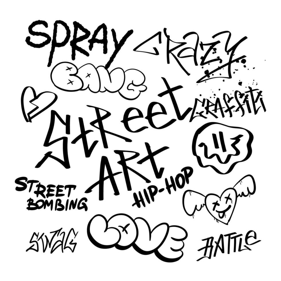 Street black graffiti lettering elements in the grunge style with tags a white background . Urban savage spray paint art. Set creative vector design teenage for tee t shirt or sweatshirt.