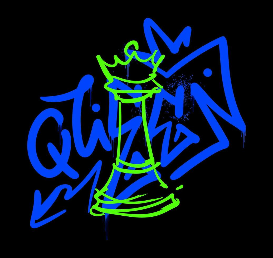 The word Queen on a black background. Blue and green. Chess pieces. Street graffiti. Urban style. Print for T-shirt, sweatshirt, poster. Phosphoric effect. Vector illustration.