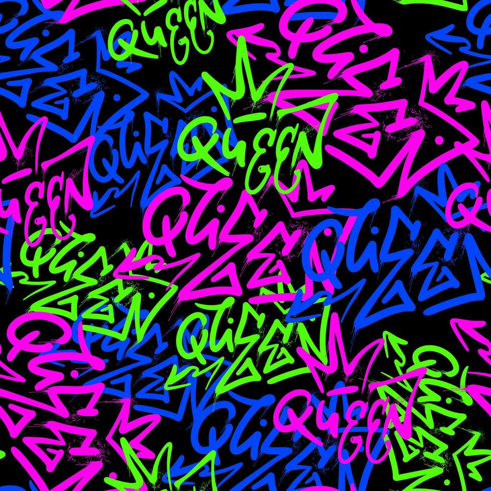 Seamless pattern Queen on the black background. Design for fabrics, textile graphics, prints. Wallpapers with quotes of feminists, girls with power. Urban street graffiti style. Vector illustration.