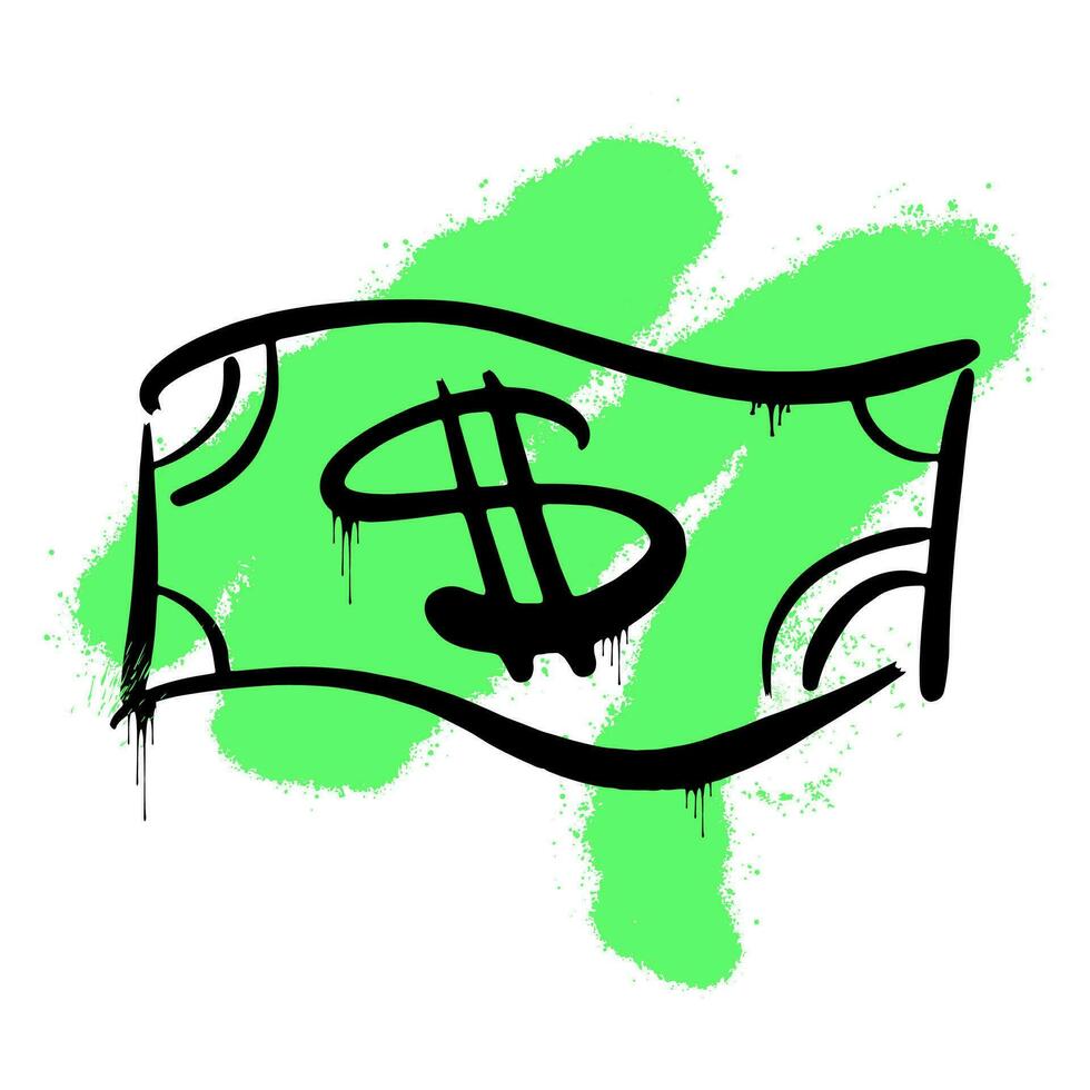 Banknote applied with black spray on white background. Dollar Sign. Smeared with green paint. Street art. Urban style. Graffiti for Business. Print for T-shirt, sweatshirt, poster. Vector illustration