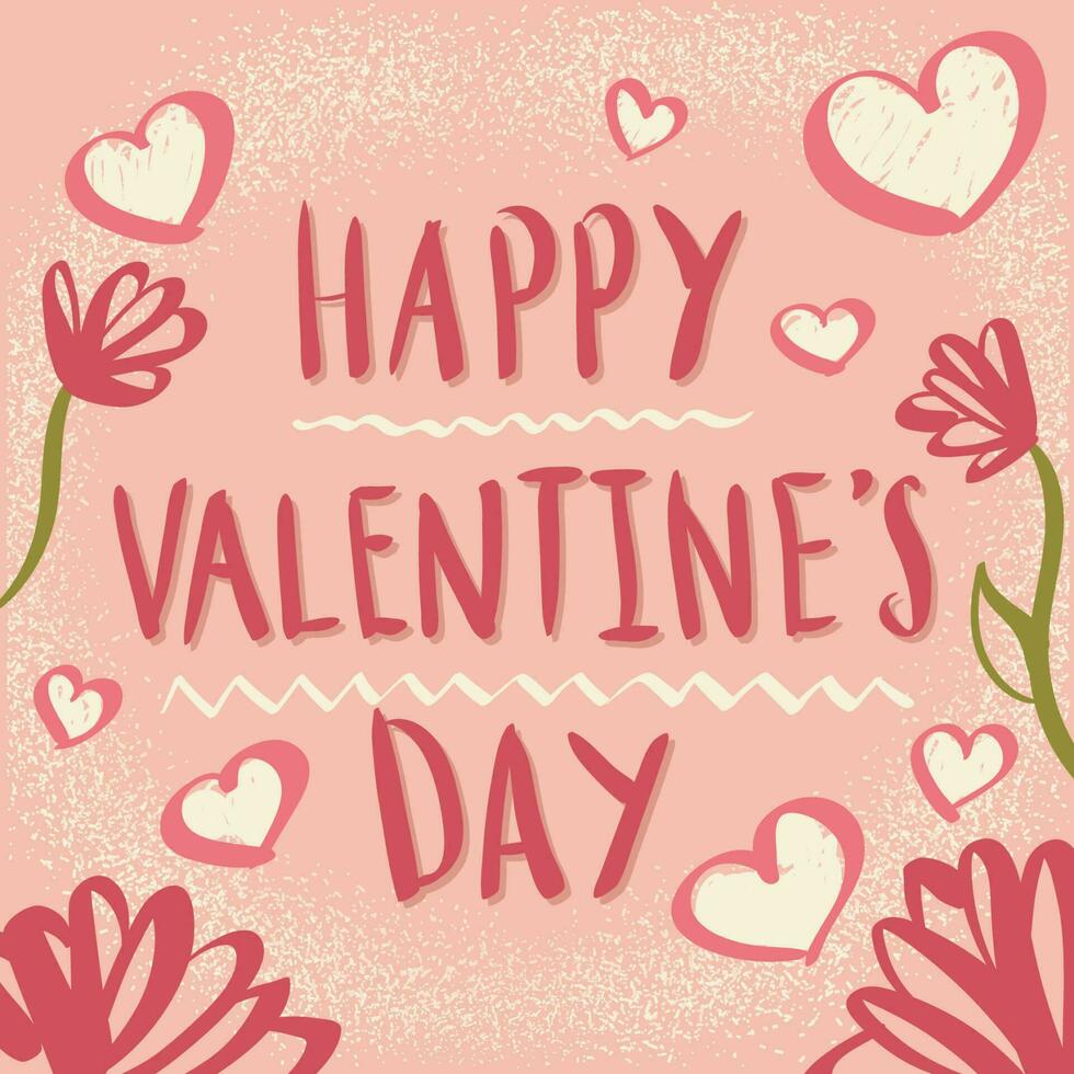 Greeting card Happy Valentine's Day. Vector illustration with lettering, hearts and flowers
