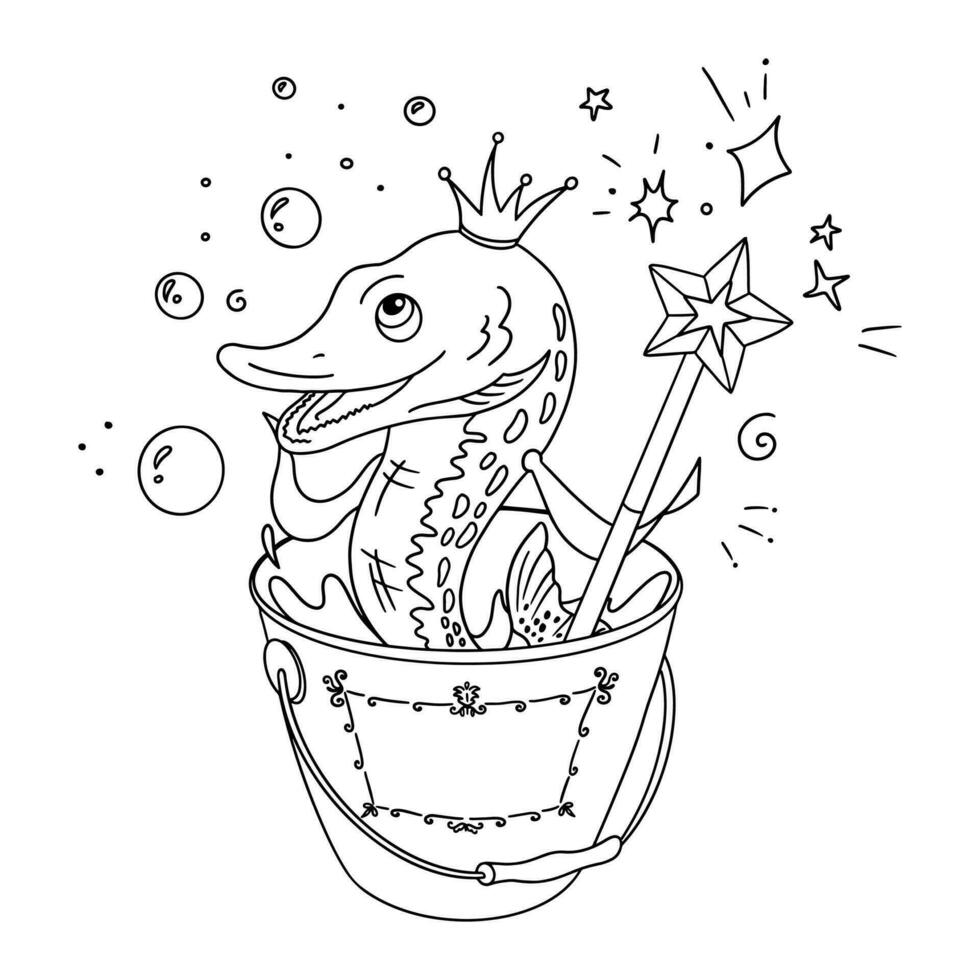 A magical fairy-tale pike in a bucket. Wish fulfillment concept. Dream vector illustration for children