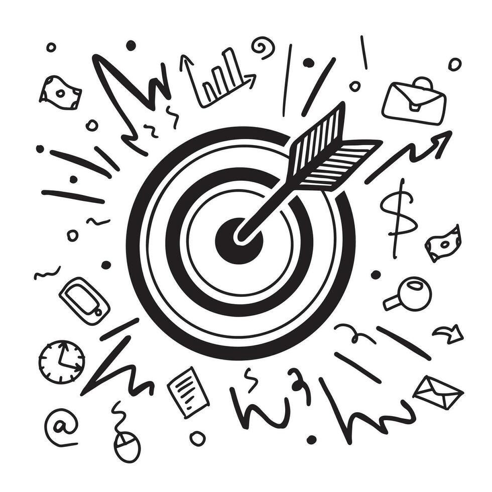 Business target and arrow reaching the center. Analysis vector doodle illustration. Growth strategy or financial goal concept. Growing graph and target as successful entrepreneurship metaphor.