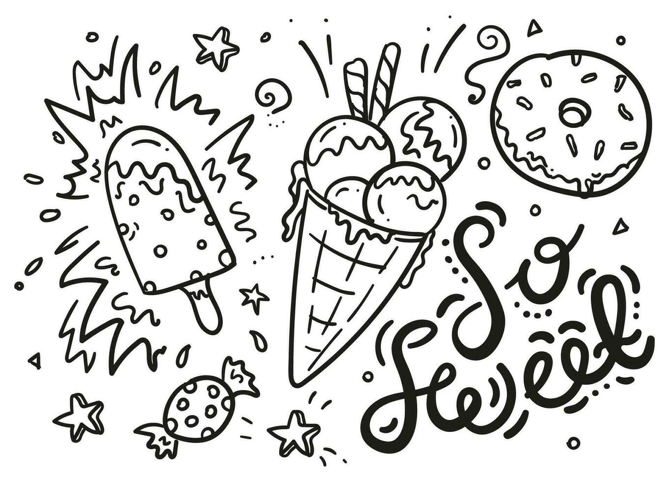 Doodle hand drawn set with ice cream, donut, candy and sweet lettering. Sketch style food illustration for cafe menu, card, birthday card decoration vector