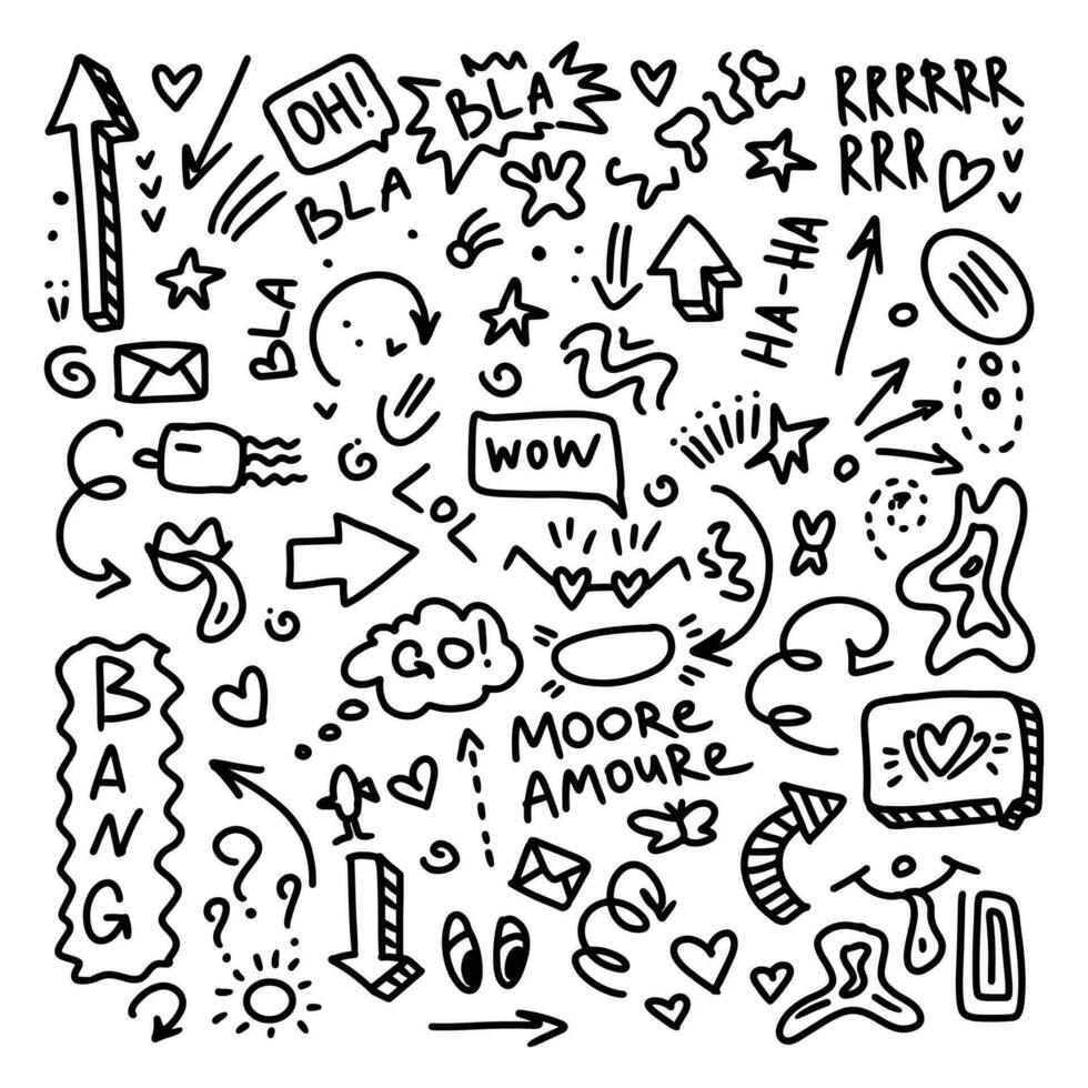 Black set of doodle illustrations. The illustrations have elements of doodles, stars, sparkles, hearts, decorations, frames, speech bubbles, arrows. Vector illustration icon set