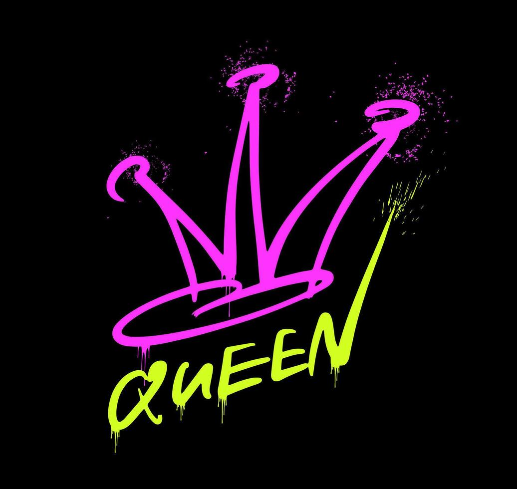 The word Queen on a black background. Pink and yellow. The crown is a symbol of the feminism, women's rights. Street graffiti. Urban style. Print for T-shirt, sweatshirt, poster. Vector illustration.