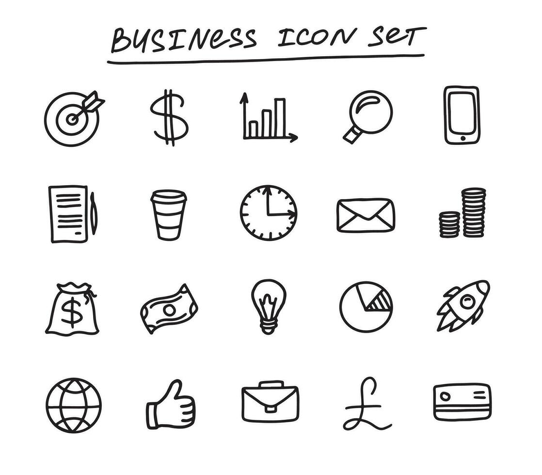 Business outline vector icons set for management, finance, strategy, marketing. Hand drawn doodle illustration on white background for mobile concepts and web apps