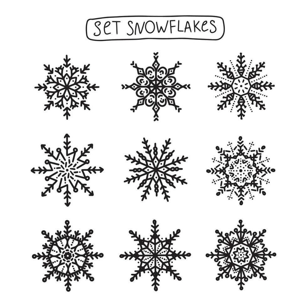 Vector set of black isolated snowflakes icon silhouette on white background. Flat snow icons for Christmas banner, cards. New year concept