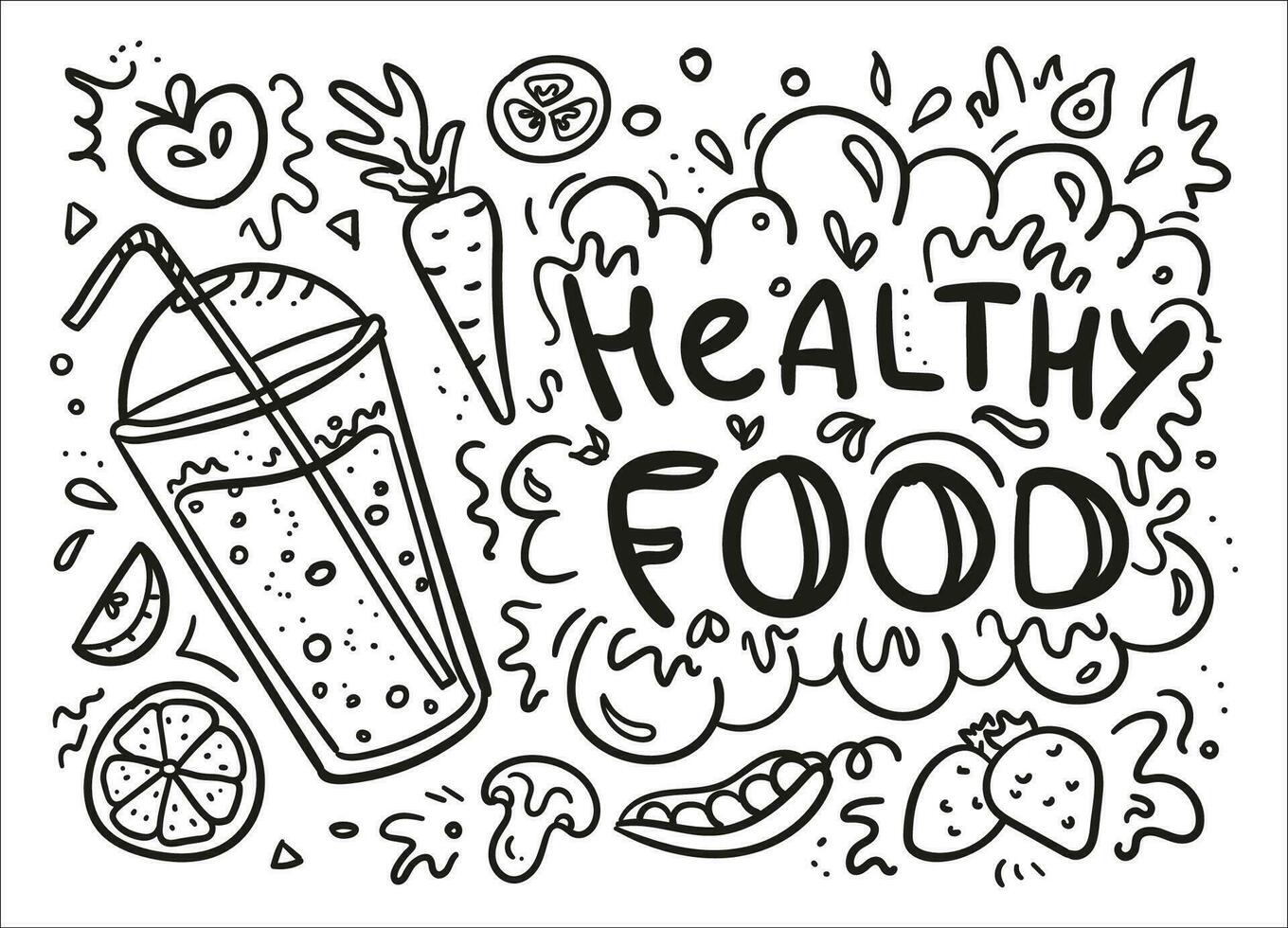 Doodle hand drawn set of healthy food ingredient with smoothies, vegetables, orange, apple, carrot, strawberry, tomato and lettering. Vegan concept. Sketch style illustration for cafe menu vector