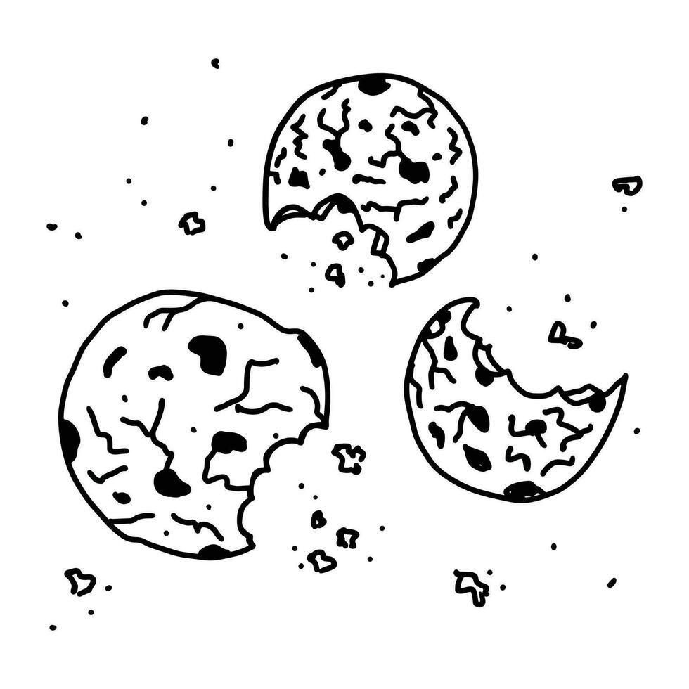 Doodle cartoon chocolate bitten cookies with crumbs illustration. Food image vector