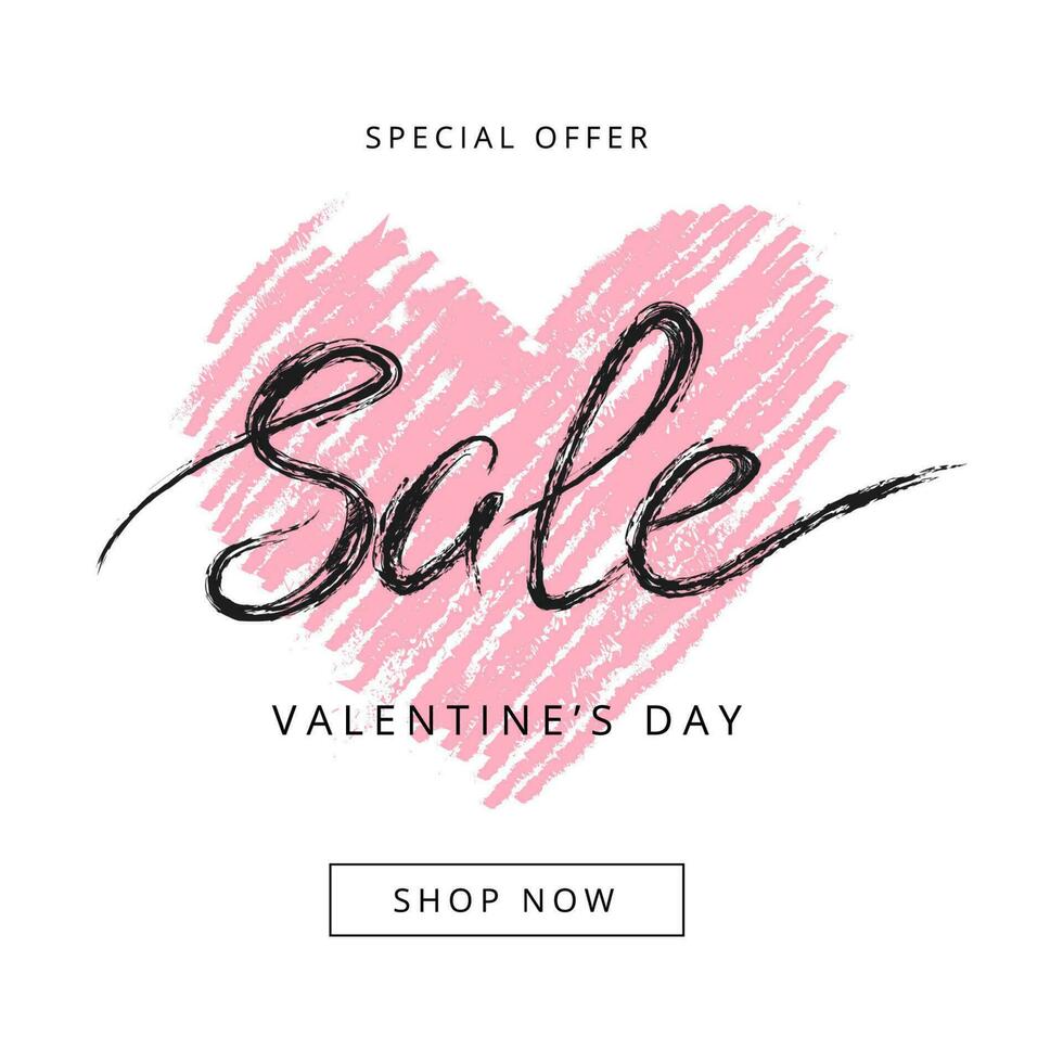 Banner of Valentine's day sale offer. Greeting card with hand written lettering and pink heart. Vector illustration with love concept