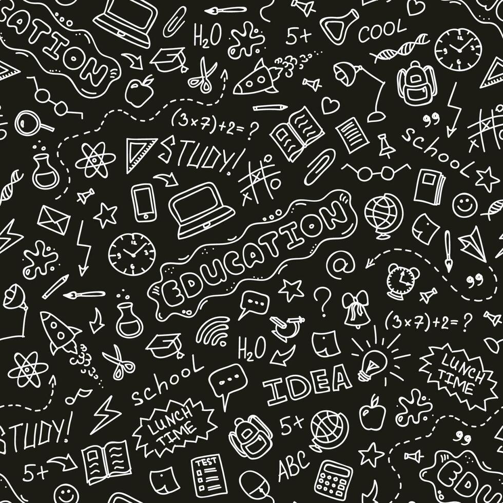 Education concept background. Hand drawn school seamless pattern with doodles icons set on black board.  Vector illustration