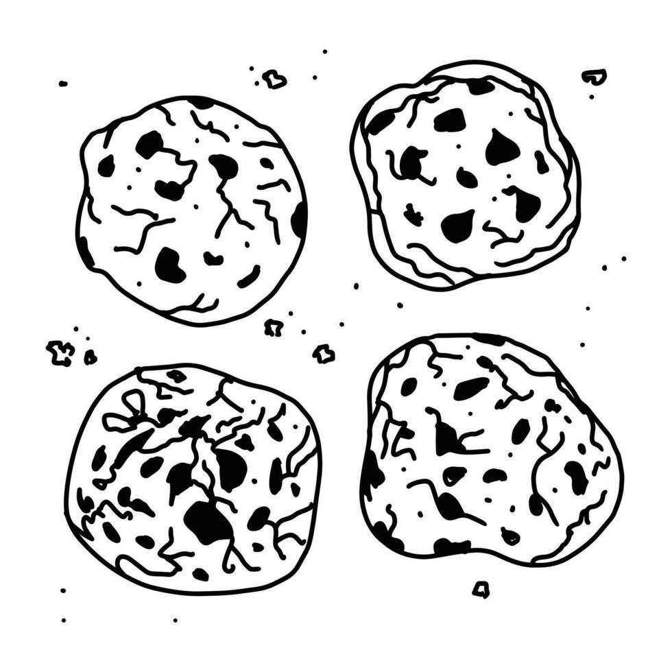 Doodle cartoon chocolate cookies with crumbs illustration. Vector food image