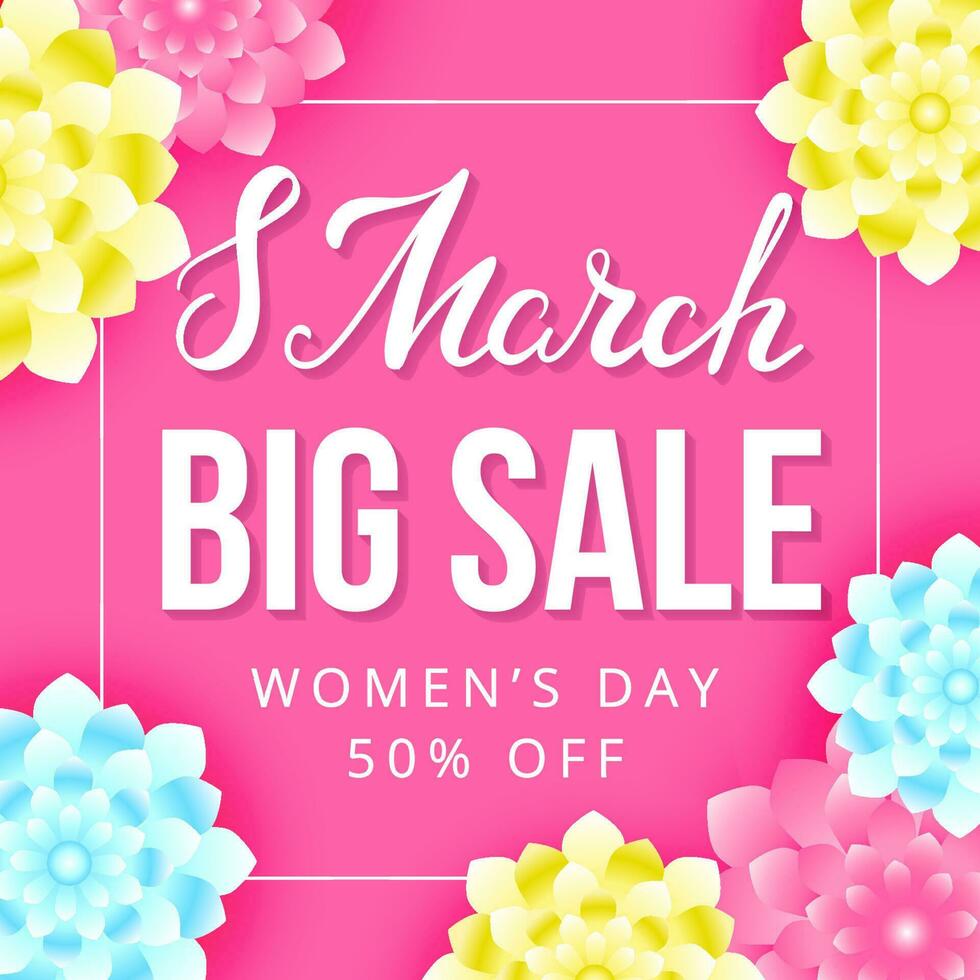 International Women's Day. Vector banner for sale with lettering and flowers on the pink background. 8 March  for discount and special offers.
