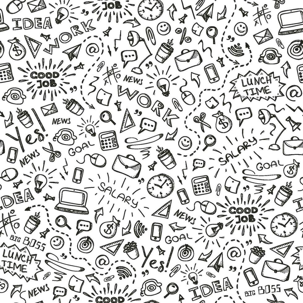 Hand drawn business seamless pattern with doodles icons set on white background. Business Background. Vector illustration