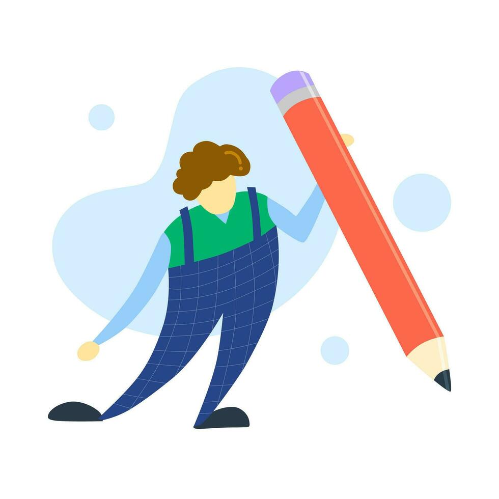 Student with a large Pencil. Young person holding pencil. Cute funny isolated character. Cartoon flat style. Hand drawn Vector illustration. Drawing, writing, creating, design, blogging concept