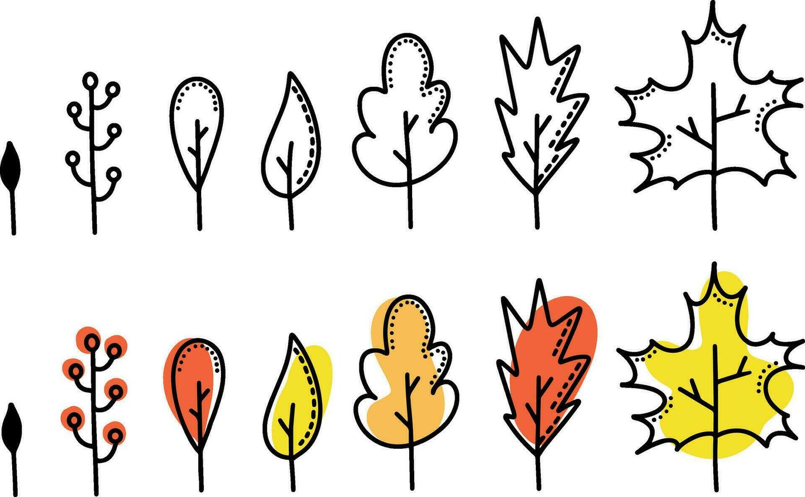 Set of colorful autumn leaves and berries isolated on white background. Simple doodle cartoon flat vector illustration.