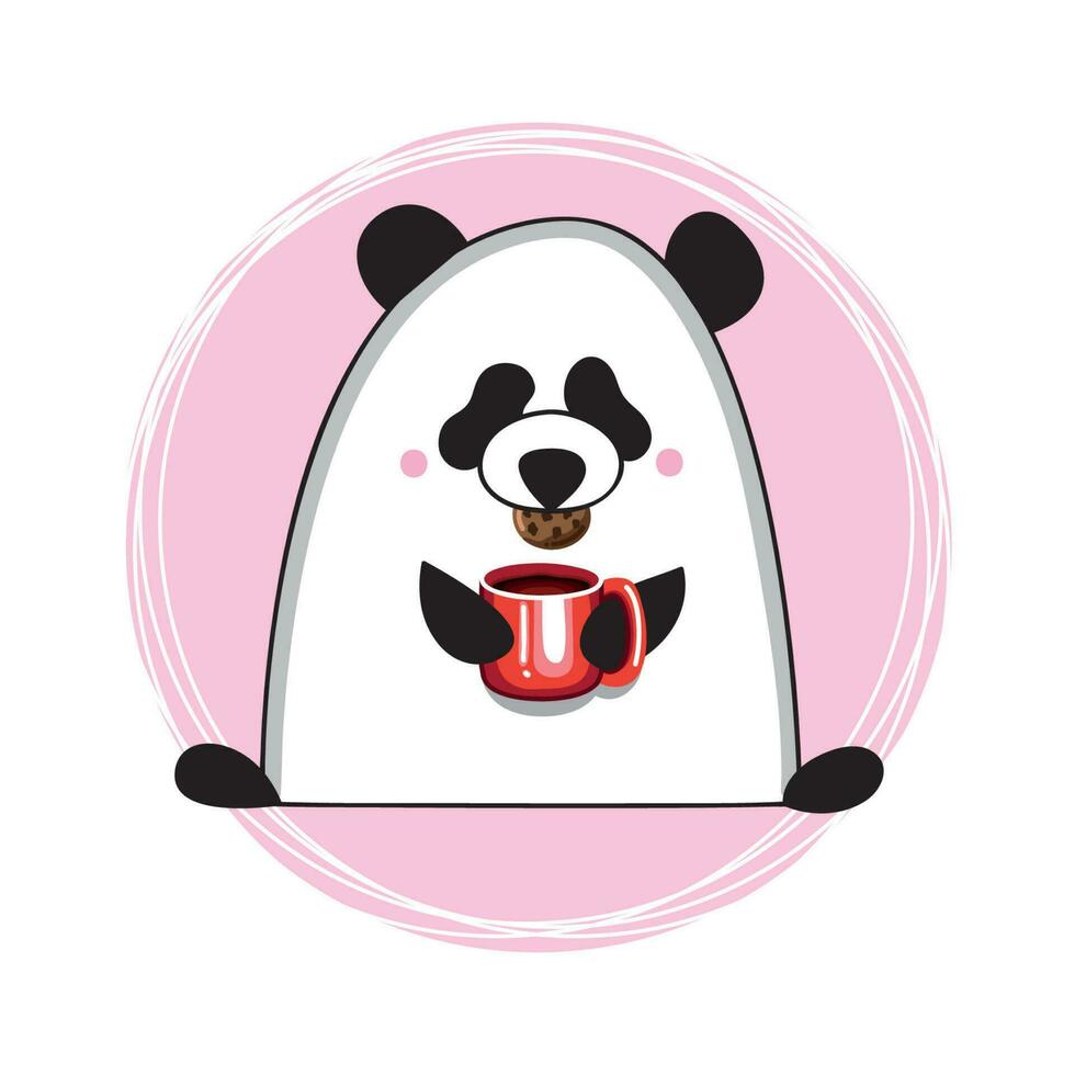 dibujos animados panda con un rojo jarra Bebiendo té o café con galletas en un rosado antecedentes vector