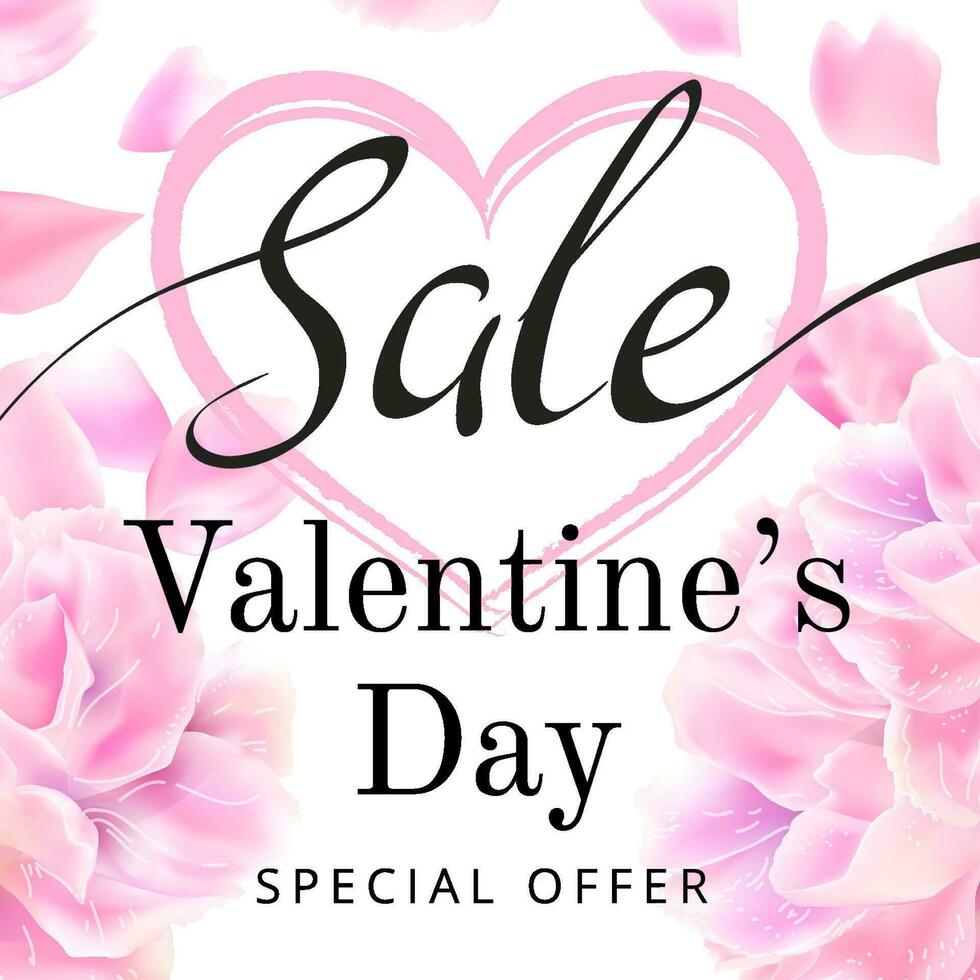 Banner of Valentine's day sale offer. Greeting card with hand written lettering and pink realistic flowers. Vector illustration with love concept