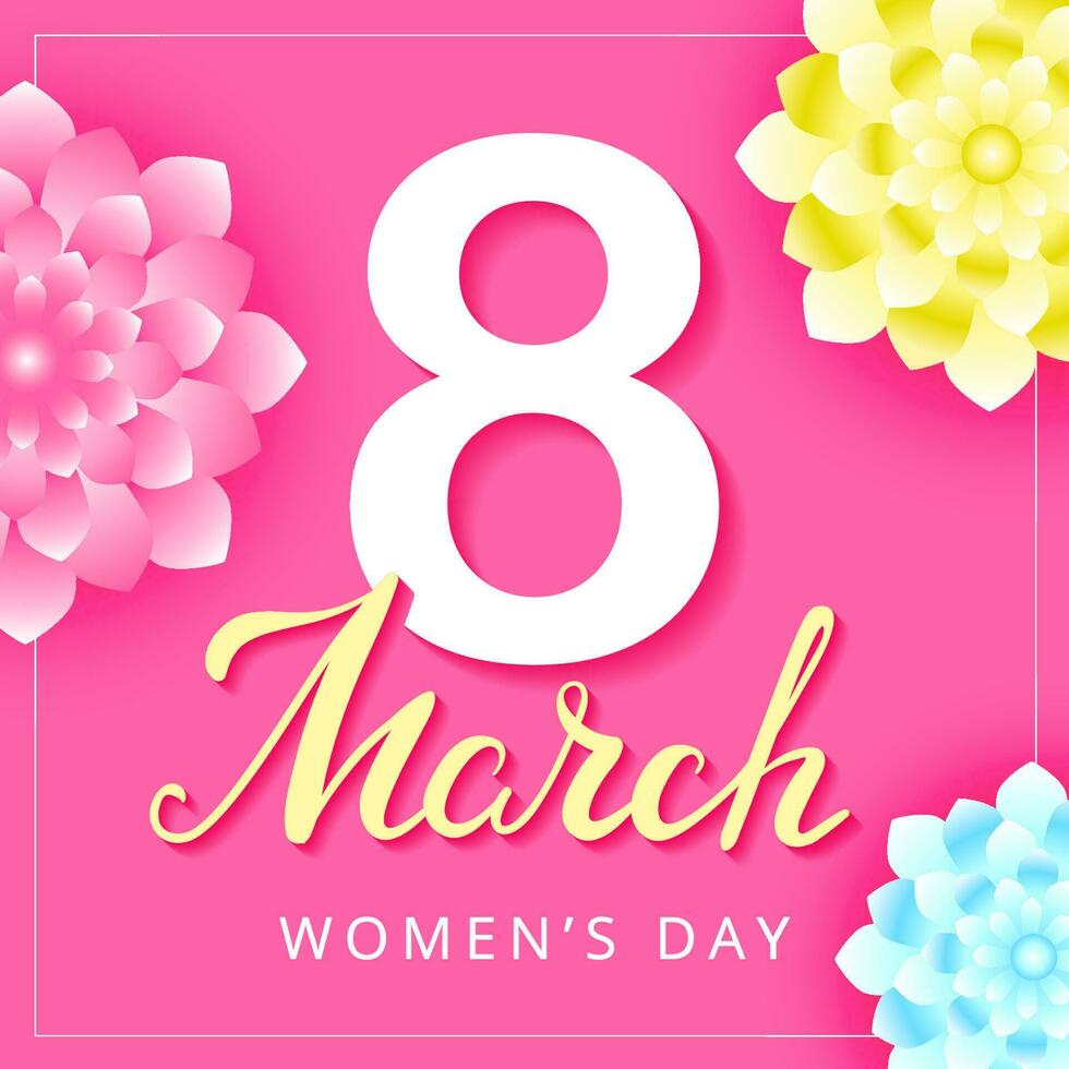 International Women's Day. Greeting card with lettering and flowers on the pink background. 8 March. vector