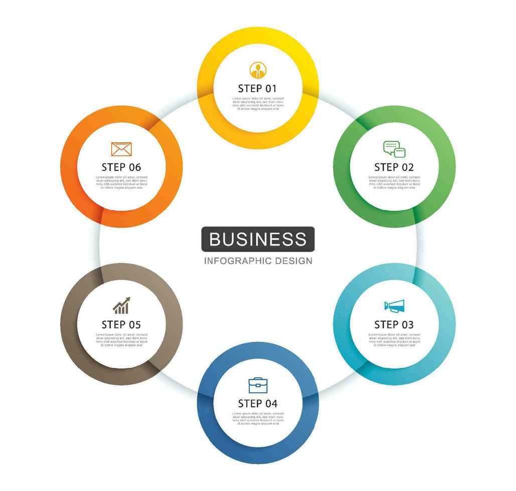 Infographics circle timeline with 6 number data template. Vector illustration abstract background.