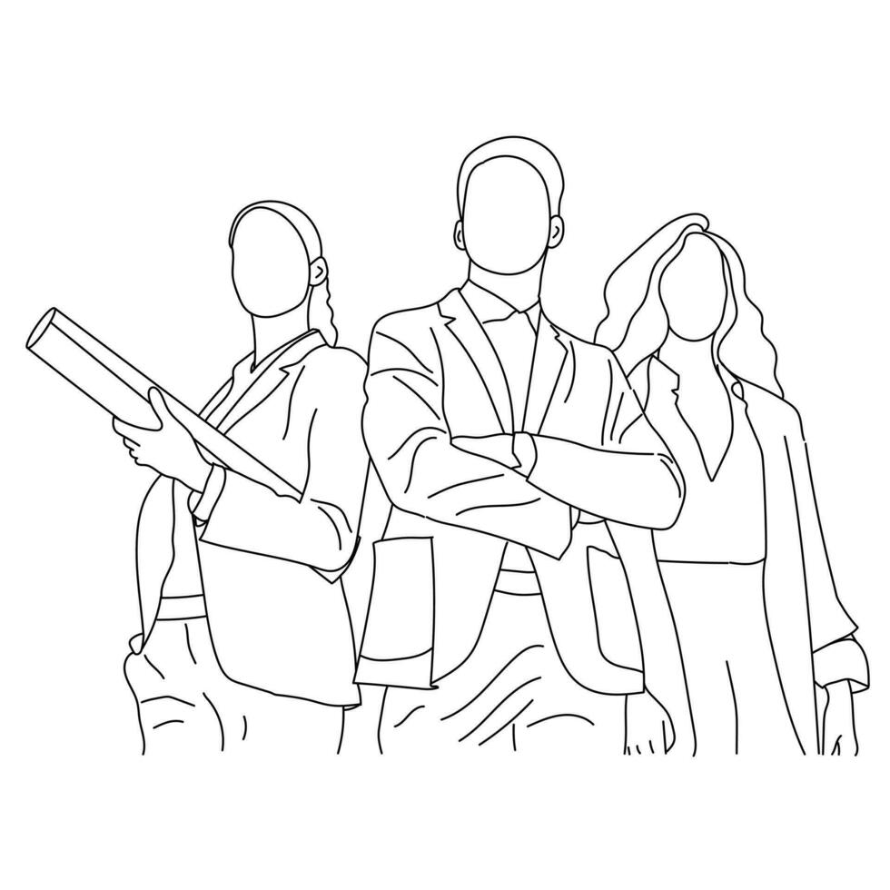 Line art of teamwork concept with architects isolated on a white background. vector