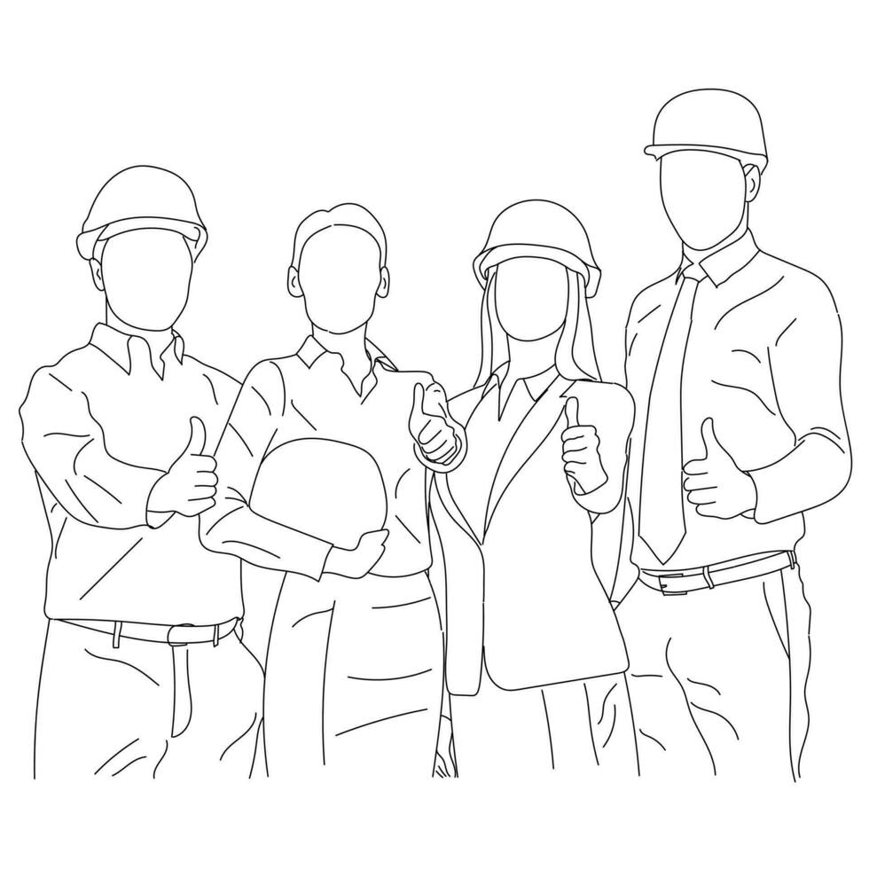 Line art of business, architecture and office concept. Happy team of architects in office showing thumbs up vector